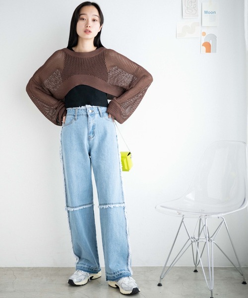 WEGO(ウィゴー)の「WEGO/フリンジバギーパンツ(デニムパンツ・レディース・オフホワイト/ライトインディゴブルー・SMALL/MEDIUM)」の9枚目の写真