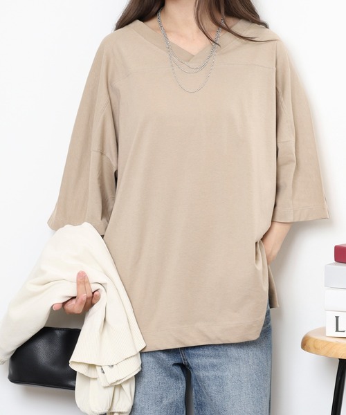 atONE(アットワン)の「atONE 前後2WAYビッグTシャツ 半袖(Tシャツ/カットソー・レディース・オフホワイト/杢グレー/ブラック/グレイッシュベージュ・M-L/LL~3L/4L~5L)」の4枚目の写真