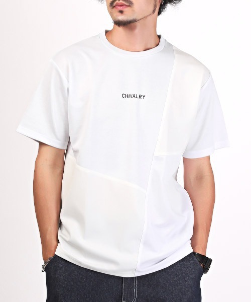 LUXSTYLE(ラグスタイル)の「ポンチ斜め切替半袖Tシャツ(Tシャツ/カットソー・メンズ・ブラック/ホワイト/グレイッシュベージュ・L/M)」の1枚目の写真