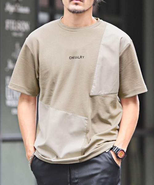 LUXSTYLE(ラグスタイル)の「ポンチ斜め切替半袖Tシャツ(Tシャツ/カットソー・メンズ・ブラック/ホワイト/グレイッシュベージュ・L/M)」の3枚目の写真