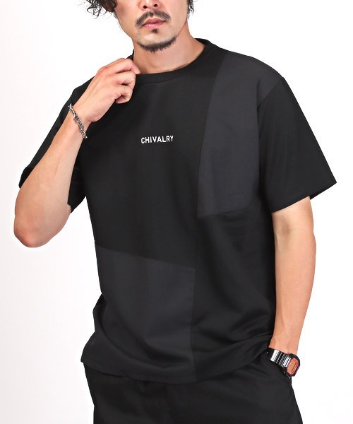 LUXSTYLE(ラグスタイル)の「ポンチ斜め切替半袖Tシャツ(Tシャツ/カットソー・メンズ・ブラック/ホワイト/グレイッシュベージュ・L/M)」の2枚目の写真