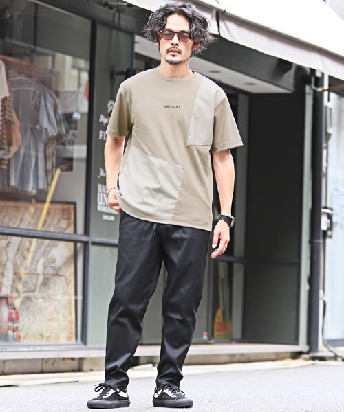 LUXSTYLE(ラグスタイル)の「ポンチ斜め切替半袖Tシャツ(Tシャツ/カットソー・メンズ・ブラック/ホワイト/グレイッシュベージュ・L/M)」の6枚目の写真