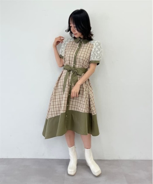 チェックバイカラーシャツワンピース
