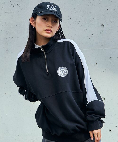 【セール】【BEN DAVIS(ベンデイビス)】 BD TRAINERS TOP / 刺繍 切替 スウェット ハーフジップ 裏毛 プルオーバー スタンド（スウェット）｜BEN DAVIS（ベンデイビス）