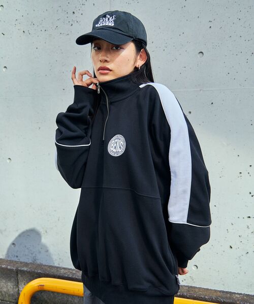 【セール】【BEN DAVIS(ベンデイビス)】 BD TRAINERS TOP / 刺繍 切替 スウェット ハーフジップ 裏毛 プルオーバー スタンド（スウェット）｜BEN DAVIS（ベンデイビス）