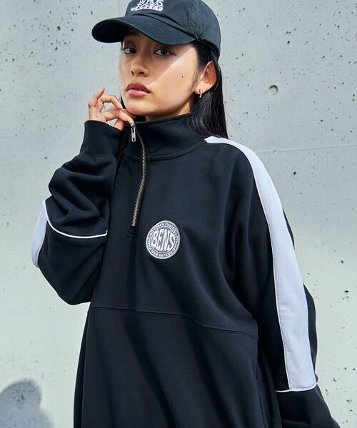 【セール】【BEN DAVIS(ベンデイビス)】 BD TRAINERS TOP / 刺繍 切替 スウェット ハーフジップ 裏毛 プルオーバー スタンド（スウェット）｜BEN DAVIS（ベンデイビス）