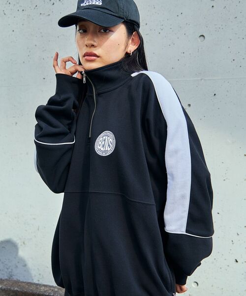 【セール】【BEN DAVIS(ベンデイビス)】 BD TRAINERS TOP / 刺繍 切替 スウェット ハーフジップ 裏毛 プルオーバー スタンド（スウェット）｜BEN DAVIS（ベンデイビス）