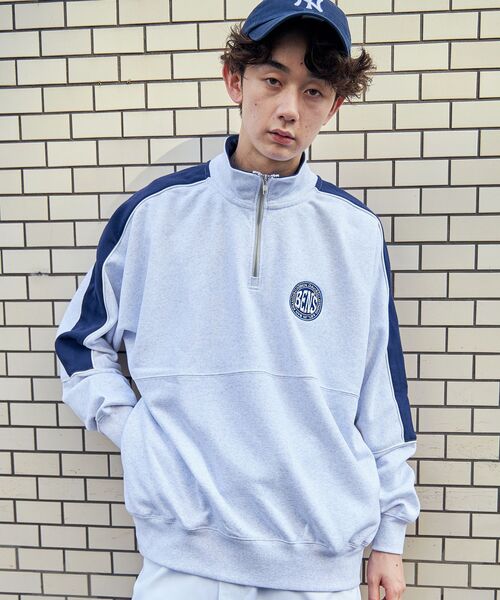 【セール】【BEN DAVIS(ベンデイビス)】 BD TRAINERS TOP / 刺繍 切替 スウェット ハーフジップ 裏毛 プルオーバー スタンド（スウェット）｜BEN DAVIS（ベンデイビス）