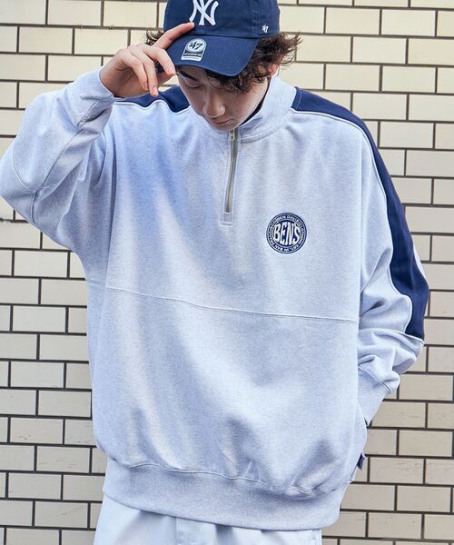 【セール】【BEN DAVIS(ベンデイビス)】 BD TRAINERS TOP / 刺繍 切替 スウェット ハーフジップ 裏毛 プルオーバー スタンド（スウェット）｜BEN DAVIS（ベンデイビス）