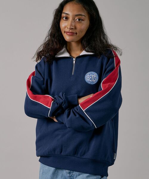 【セール】【BEN DAVIS(ベンデイビス)】 BD TRAINERS TOP / 刺繍 切替 スウェット ハーフジップ 裏毛 プルオーバー スタンド（スウェット）｜BEN DAVIS（ベンデイビス）