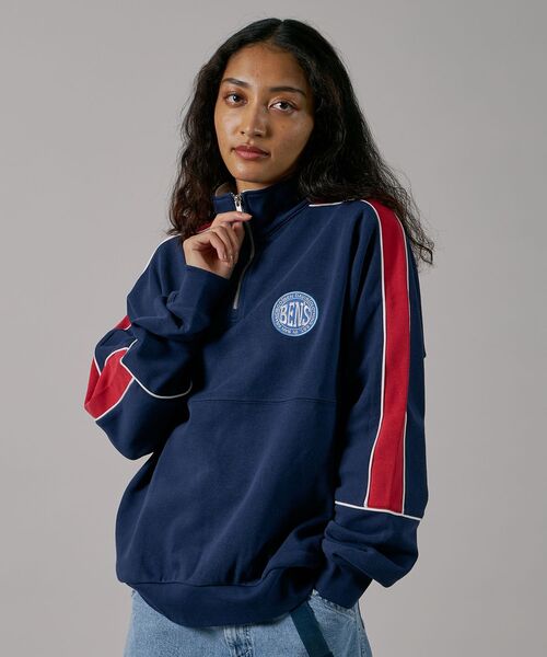 【セール】【BEN DAVIS(ベンデイビス)】 BD TRAINERS TOP / 刺繍 切替 スウェット ハーフジップ 裏毛 プルオーバー スタンド（スウェット）｜BEN DAVIS（ベンデイビス）