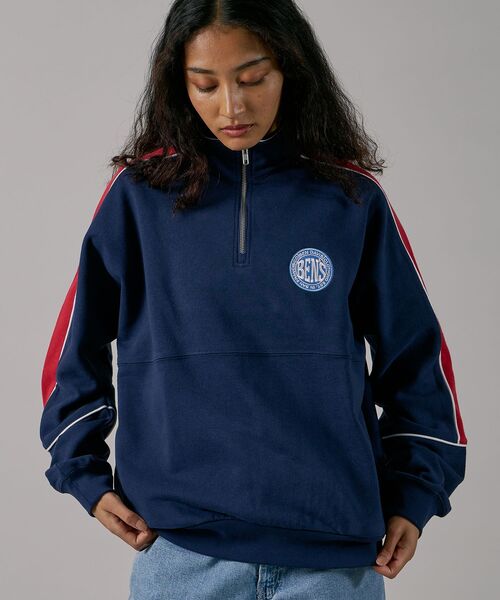 【セール】【BEN DAVIS(ベンデイビス)】 BD TRAINERS TOP / 刺繍 切替 スウェット ハーフジップ 裏毛 プルオーバー スタンド（スウェット）｜BEN DAVIS（ベンデイビス）