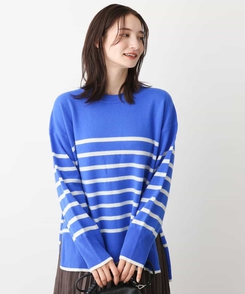 MK MICHEL KLEIN(エムケーミッシェルクラン)の「airwoolパネルボーダーカラーニット(ニット/セーター・レディース・ネイビー/ピンク/ブルー・38)」の1枚目の写真