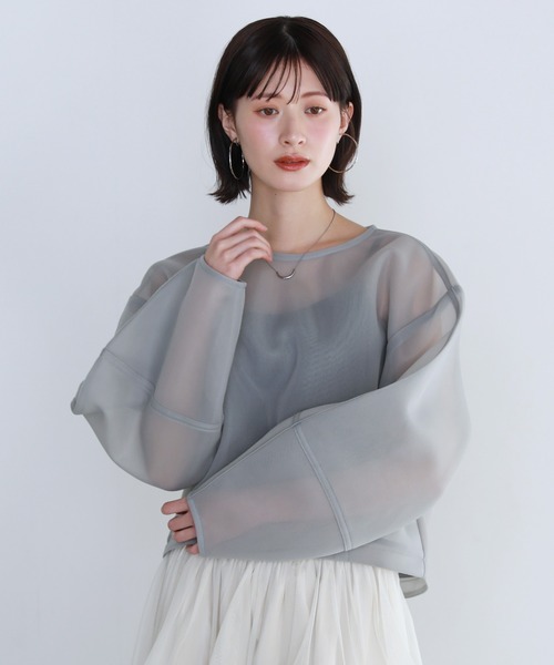 shetila(シェティラ)の「シアーニュアンスダンボール ショートプルオーバー(Tシャツ/カットソー・レディース・イエロー/ピンク/アイボリー/ブルー/グリーン/ブラック/グレー・F)」の1枚目の写真