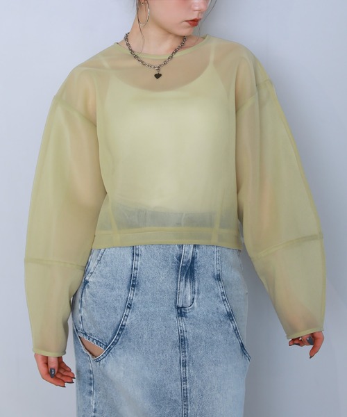 shetila(シェティラ)の「シアーニュアンスダンボール ショートプルオーバー(Tシャツ/カットソー・レディース・イエロー/ピンク/アイボリー/ブルー/グリーン/ブラック/グレー・F)」の6枚目の写真