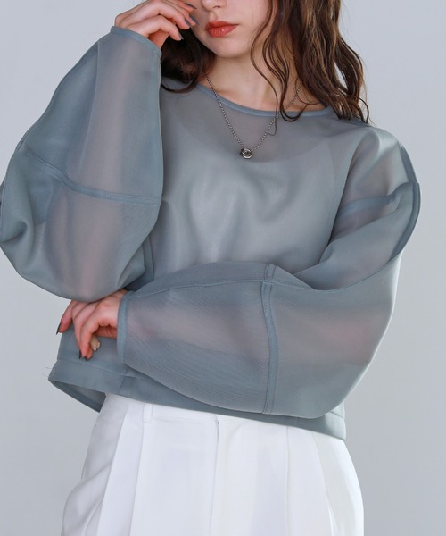 shetila(シェティラ)の「シアーニュアンスダンボール ショートプルオーバー(Tシャツ/カットソー・レディース・イエロー/ピンク/アイボリー/ブルー/グリーン/ブラック/グレー・F)」の5枚目の写真