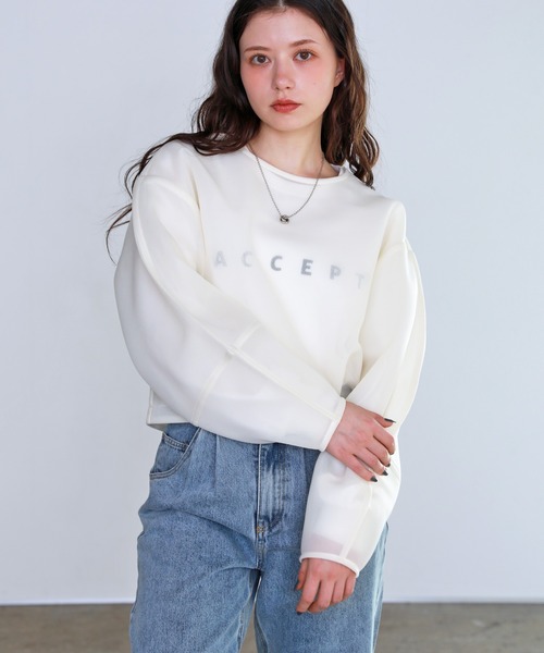 shetila(シェティラ)の「シアーニュアンスダンボール ショートプルオーバー(Tシャツ/カットソー・レディース・イエロー/ピンク/アイボリー/ブルー/グリーン/ブラック/グレー・F)」の8枚目の写真