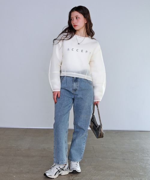 shetila(シェティラ)の「シアーニュアンスダンボール ショートプルオーバー(Tシャツ/カットソー・レディース・イエロー/ピンク/アイボリー/ブルー/グリーン/ブラック/グレー・F)」の11枚目の写真