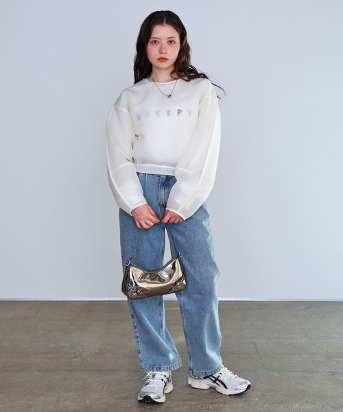 shetila(シェティラ)の「シアーニュアンスダンボール ショートプルオーバー(Tシャツ/カットソー・レディース・イエロー/ピンク/アイボリー/ブルー/グリーン/ブラック/グレー・F)」の12枚目の写真