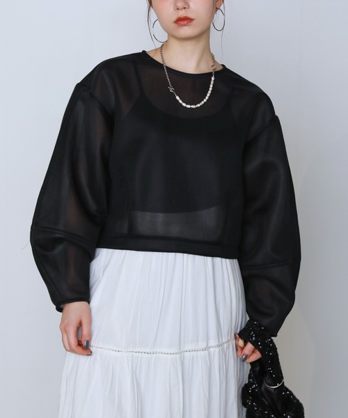 shetila(シェティラ)の「シアーニュアンスダンボール ショートプルオーバー(Tシャツ/カットソー・レディース・イエロー/ピンク/アイボリー/ブルー/グリーン/ブラック/グレー・F)」の15枚目の写真