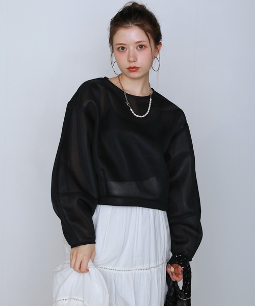 shetila(シェティラ)の「シアーニュアンスダンボール ショートプルオーバー(Tシャツ/カットソー・レディース・イエロー/ピンク/アイボリー/ブルー/グリーン/ブラック/グレー・F)」の16枚目の写真
