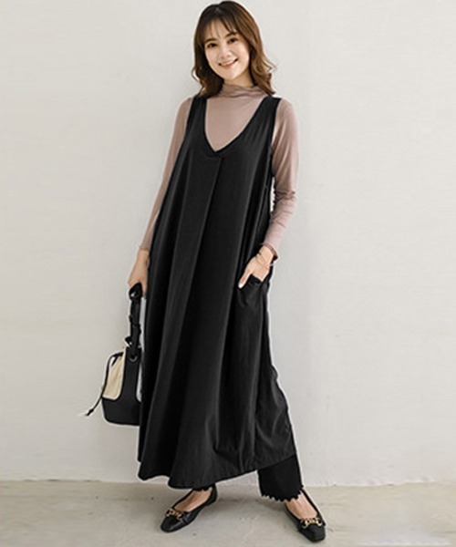 Miniministore(ミニミニストア)の「ロング ジャンパースカート vネック秋(ワンピース・レディース・ブラック/カーキ/ダークブルー/ワインレッド/ベージュ・FREE)」の9枚目の写真