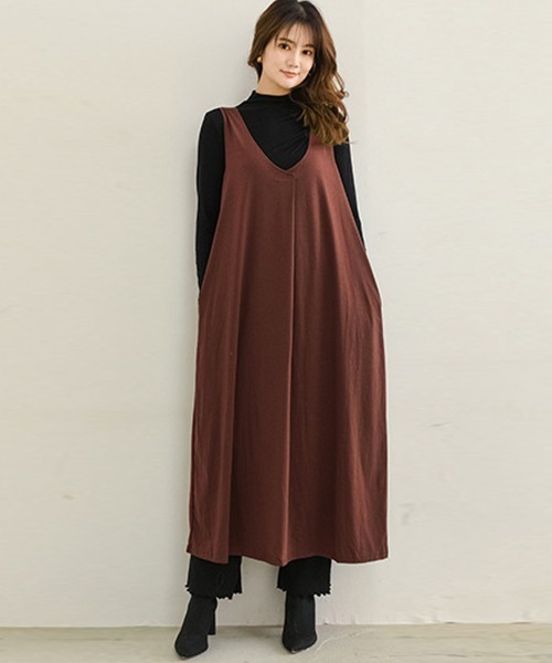 Miniministore(ミニミニストア)の「ロング ジャンパースカート vネック秋(ワンピース・レディース・ブラック/カーキ/ダークブルー/ワインレッド/ベージュ・FREE)」の11枚目の写真