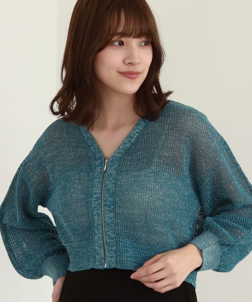 archives（アルシーヴ）の「フロントzipラメメッシュニット