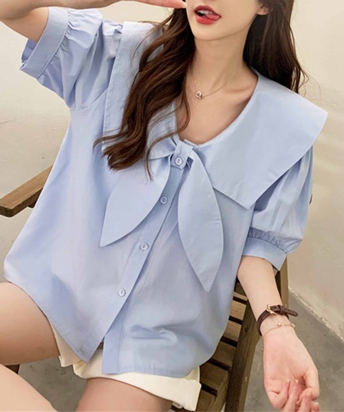 frunco（フランコ）の「ボウタイマリンブラウス（シャツ/ブラウス・レディース・ブルー/ホワイト・MEDIUM）」の5枚目の写真