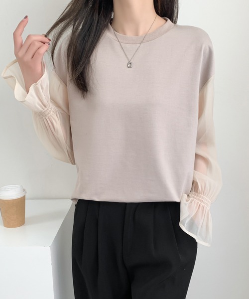 ECLIN(エクラン)の「シアーキャンディスリーブカットソー(Tシャツ/カットソー・レディース・ホワイト/ブラック/ベージュ・L/M)」の3枚目の写真