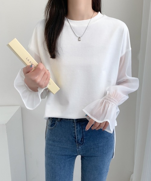 ECLIN(エクラン)の「シアーキャンディスリーブカットソー(Tシャツ/カットソー・レディース・ホワイト/ブラック/ベージュ・L/M)」の2枚目の写真