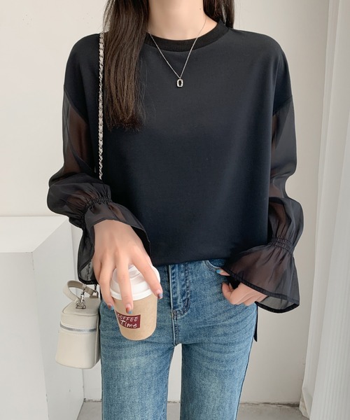 ECLIN(エクラン)の「シアーキャンディスリーブカットソー(Tシャツ/カットソー・レディース・ホワイト/ブラック/ベージュ・L/M)」の1枚目の写真