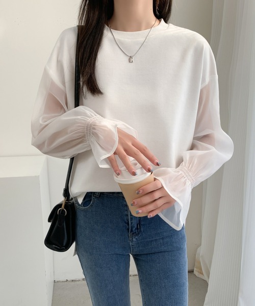 ECLIN(エクラン)の「シアーキャンディスリーブカットソー(Tシャツ/カットソー・レディース・ホワイト/ブラック/ベージュ・L/M)」の14枚目の写真