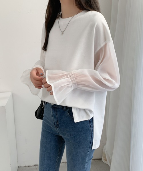 ECLIN(エクラン)の「シアーキャンディスリーブカットソー(Tシャツ/カットソー・レディース・ホワイト/ブラック/ベージュ・L/M)」の16枚目の写真