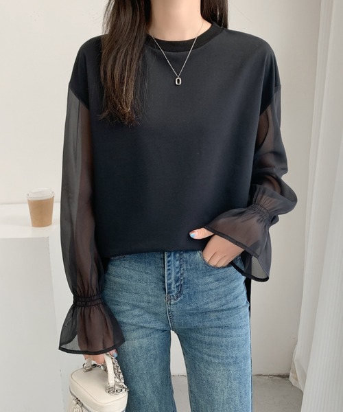 ECLIN(エクラン)の「シアーキャンディスリーブカットソー(Tシャツ/カットソー・レディース・ホワイト/ブラック/ベージュ・L/M)」の6枚目の写真