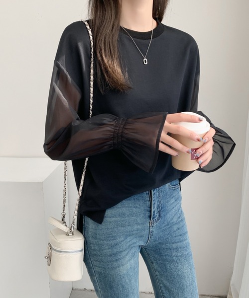 ECLIN(エクラン)の「シアーキャンディスリーブカットソー(Tシャツ/カットソー・レディース・ホワイト/ブラック/ベージュ・L/M)」の7枚目の写真