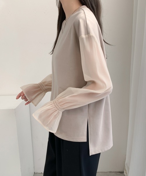 ECLIN(エクラン)の「シアーキャンディスリーブカットソー(Tシャツ/カットソー・レディース・ホワイト/ブラック/ベージュ・L/M)」の9枚目の写真