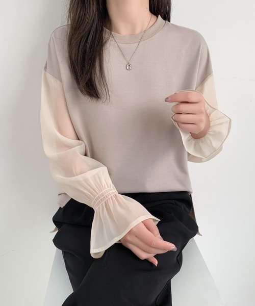 ECLIN(エクラン)の「シアーキャンディスリーブカットソー(Tシャツ/カットソー・レディース・ホワイト/ブラック/ベージュ・L/M)」の13枚目の写真