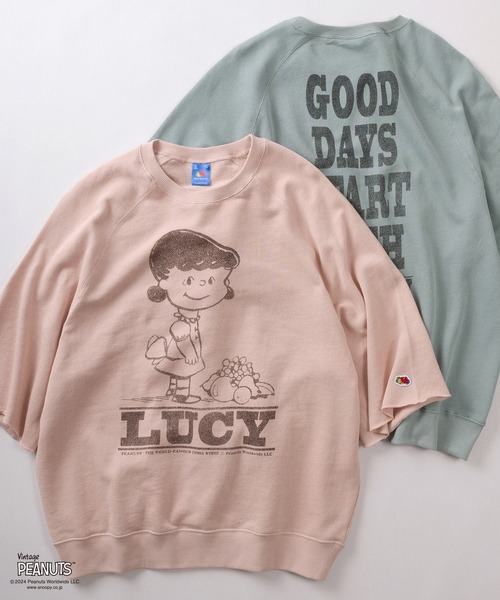 PEANUTS（ピーナッツ）の「【Fruit of the Loom/フルーツオブザルーム】PEANUTSコラボ キャラクター ヴィンテージイラストデザイン 半袖クルーネックスウェット/ビッグシルエット/オーバーサイズ（Tシャツ/カットソー・レディース・イエロー/ライム/アイボリー/サックスブルー/ライトピンク・S/M/L）」の5枚目の写真