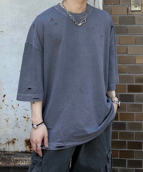 ストリートファッション Chikashitsu + チカシツプラス pigment damage oversized t-shirt 半袖トップス 半袖Tシャツ ダメージTシャツ オーバーサイズ 韓国ファッション 韓国ストリート（Tシャツ/カットソー）｜Chikashitsu +（チカシツプラス） 6,171円