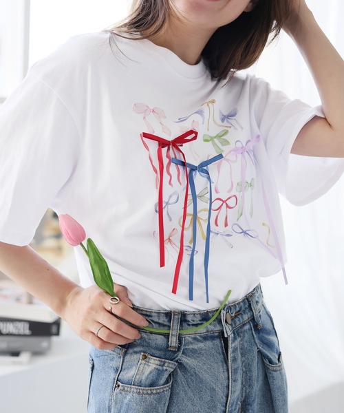 LAFFMO（ラフモ）の「リボン付きフォトプリントTシャツ（Tシャツ/カットソー・レディース・ホワイト・F）」の15枚目の写真