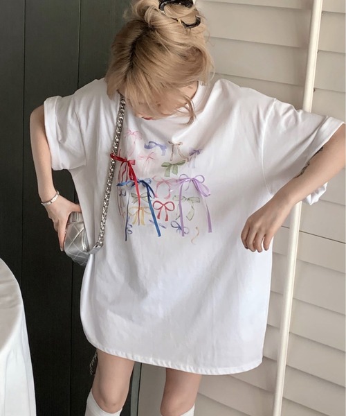 LAFFMO（ラフモ）の「リボン付きフォトプリントTシャツ（Tシャツ/カットソー・レディース・ホワイト・F）」の5枚目の写真