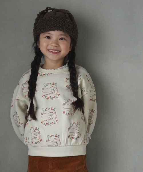 MAKE YOUR DAY(メイクユアデイ)の「探検家オオカミの総柄裏毛トレーナー■80~140cm(スウェット・キッズ・ベージュ/アイボリー・80/120/110/100/90/140/130)」の5枚目の写真