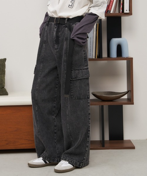 Auntie Rosa Holiday（アンティローザホリデー）の「カーゴワイドデニム（デニムパンツ・レディース・ブラック/ブルー・FREE）」の2枚目の写真