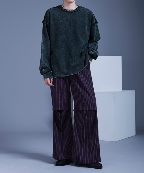 LGB ルグランブルー　パープル サイドストライプ コットンパンツ セール】Ellno Loset × selleglant フロントカットワイドストライプ