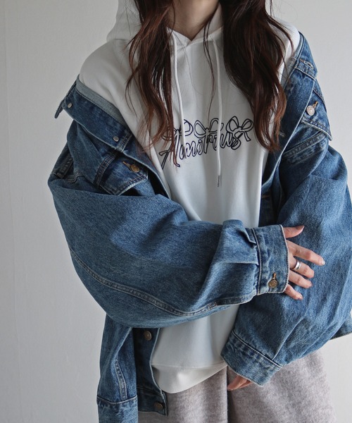 COURO（コウロ）の「リボンアート/ハートアート文字刺繍プルオーバーパーカー（パーカー・レディース・グレー/チャコールグレー/グレー系/ネイビー系/ブラック/ホワイト系/アイボリー/ホワイト/オートミール/ネイビー/チャコール/ブラック系・M/L）」の15枚目の写真