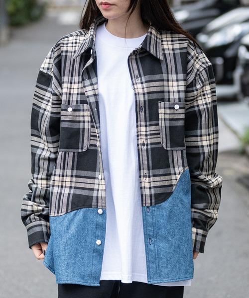 セール】【q】ヘビーネルチェック デニム切替シャツ（シャツ/ブラウス