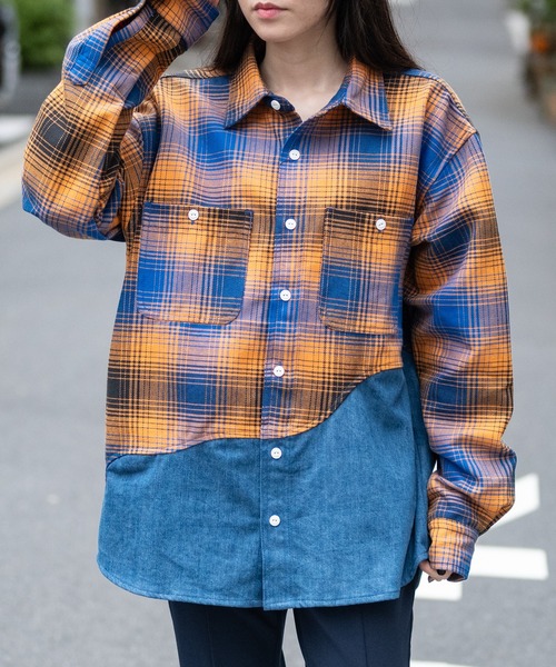 JOHN'S CLOSET(ジョンズクローゼット)の「【q】ヘビーネルチェック デニム切替シャツ(シャツ/ブラウス・メンズ・グリーン系/オレンジ系/ブラック系/ブルー系/イエロー系・MEDIUM/LARGE)」の5枚目の写真