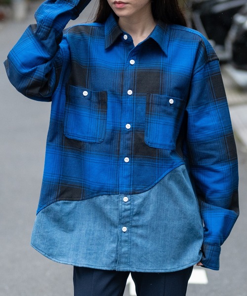 セール】【q】ヘビーネルチェック デニム切替シャツ（シャツ/ブラウス