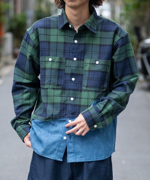 セール】【q】ヘビーネルチェック デニム切替シャツ（シャツ/ブラウス